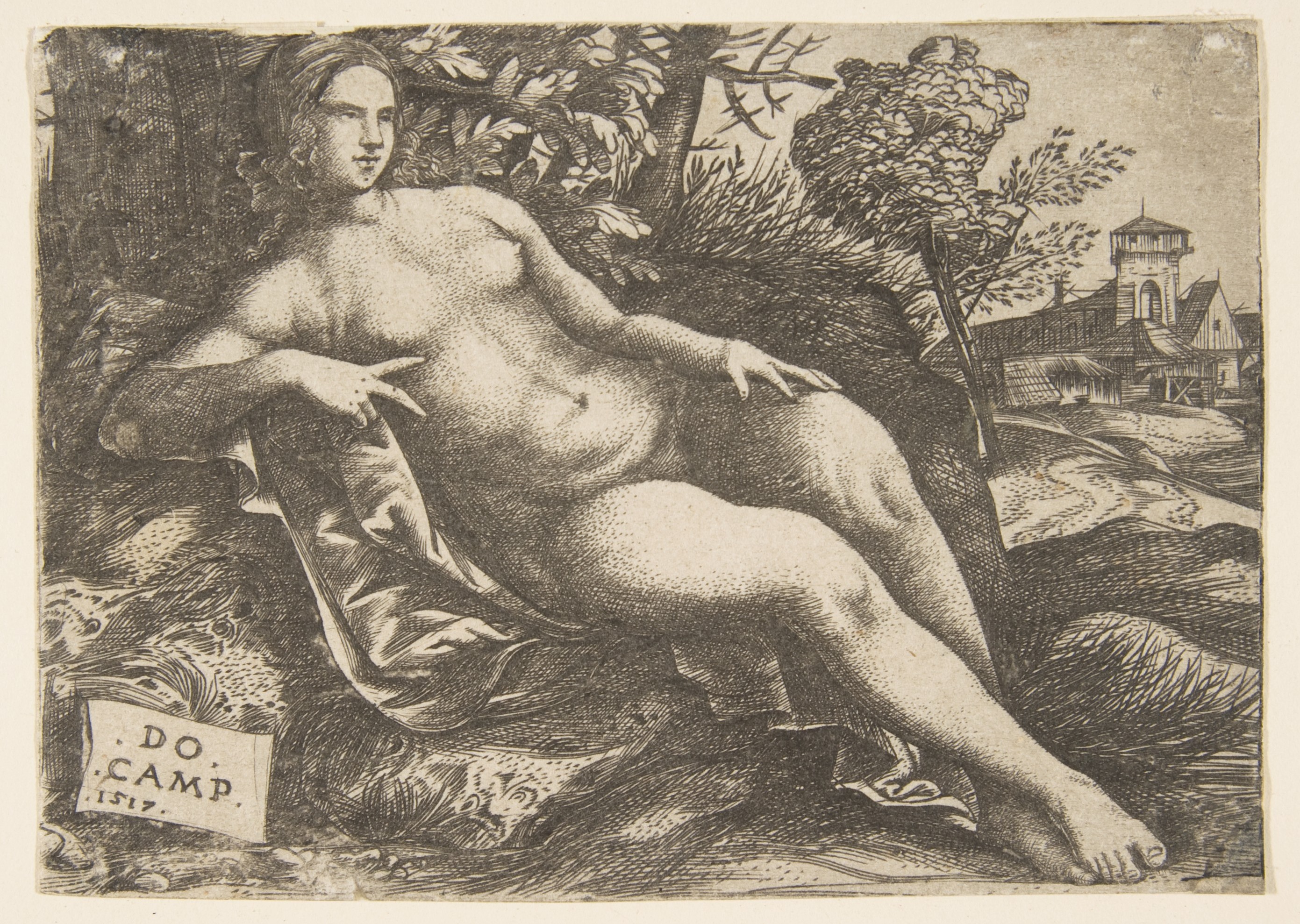 Domenico Campagnola 的版画:一名裸体女性以斜卧姿态置于风景中。