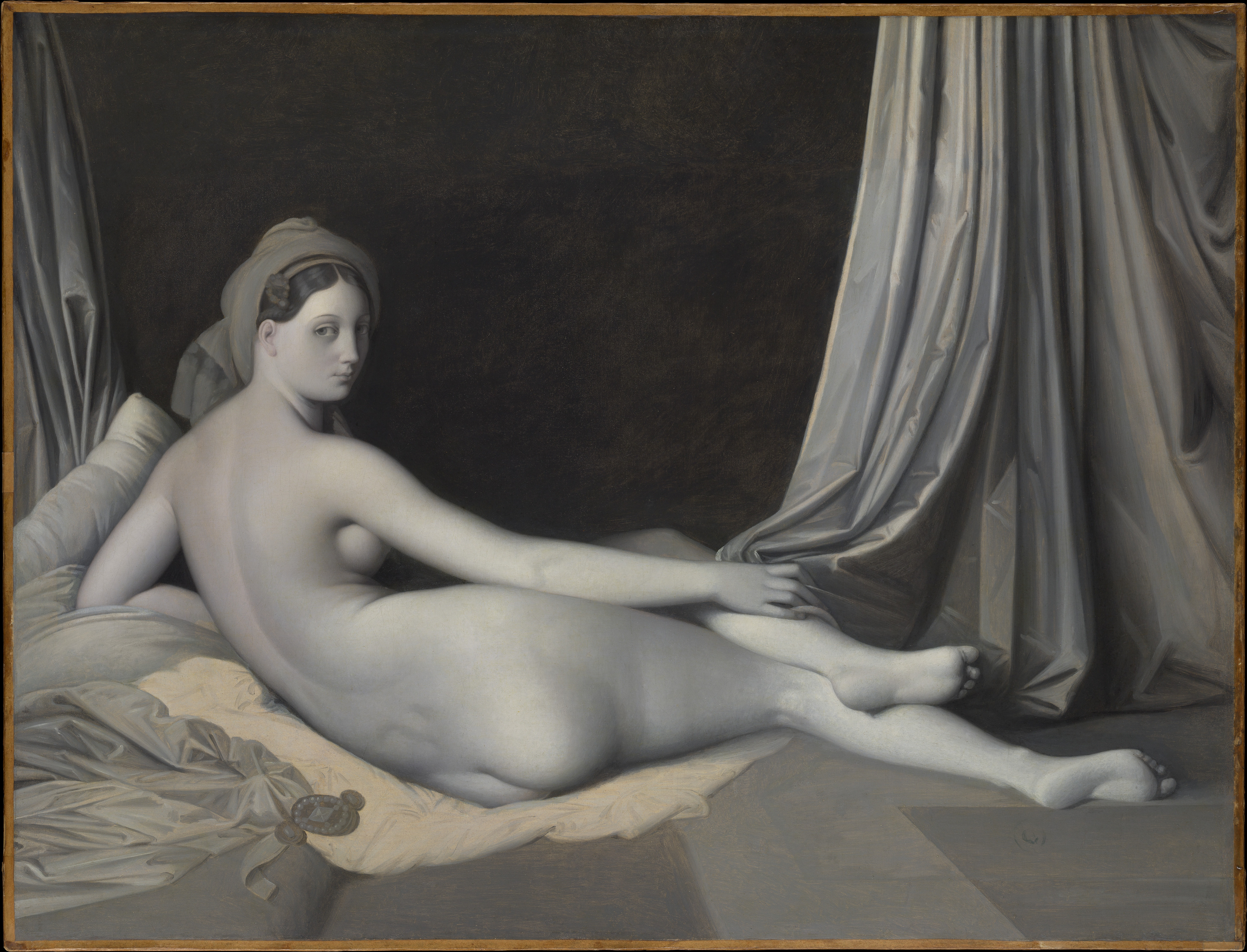 Ingres 及其工作室的灰调宫女画作,斜卧人物置于深色背景中。